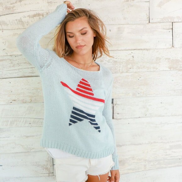 NWT Wooden Ships American Star Red White Ventana Blue Pullover Crew Sweater S/M - Picture 1 of 11